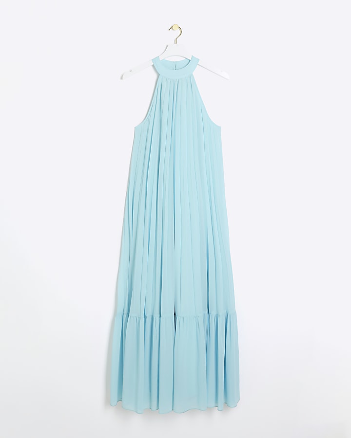Blue pleated halter neck slip maxi dress