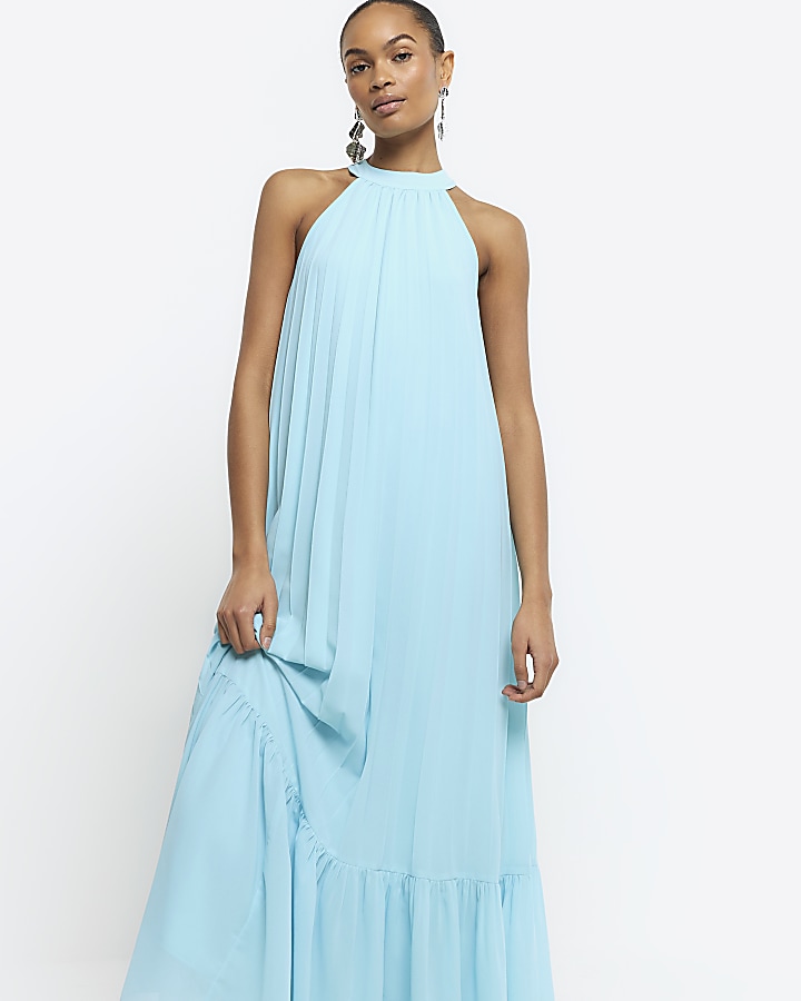 Blue pleated halter neck slip maxi dress