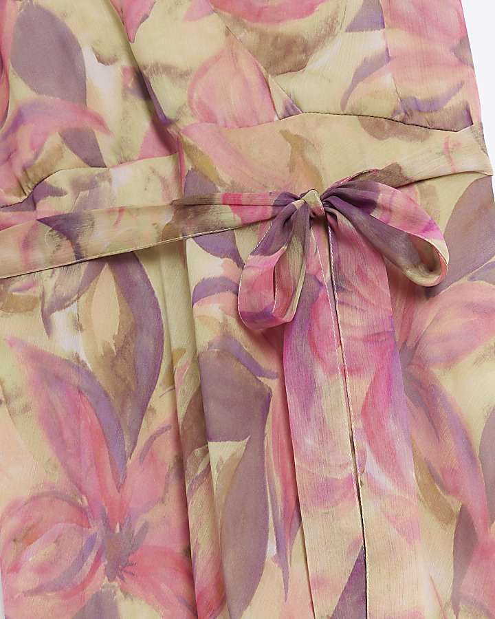 Pink floral frill sleeve swing midi dress
