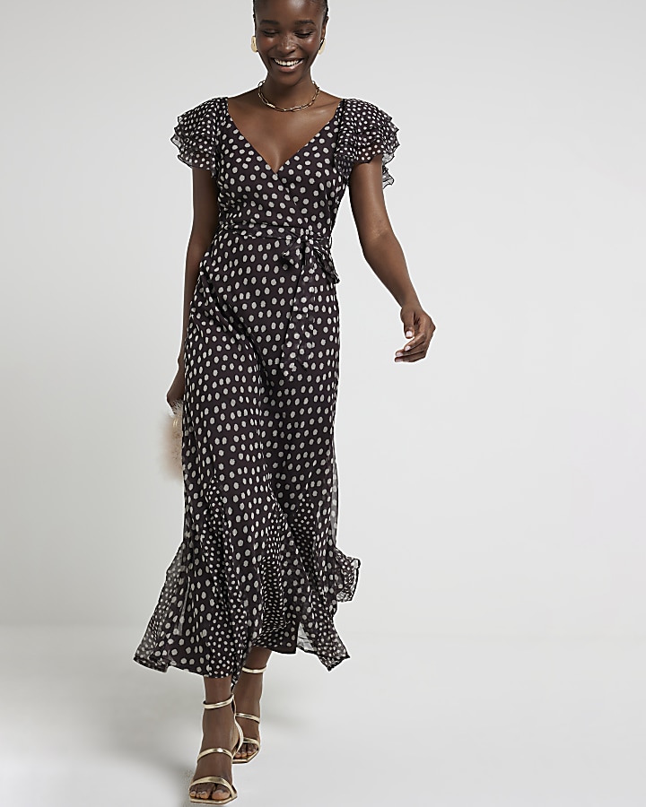 Brown chiffon spot belted swing maxi dress