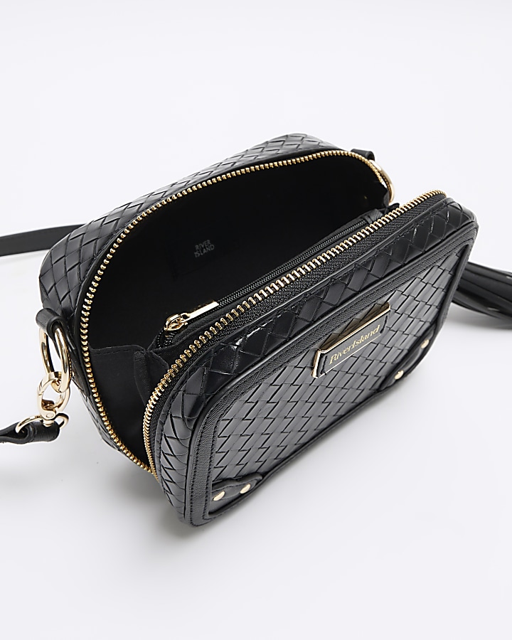 Black weave cross body bag River Island