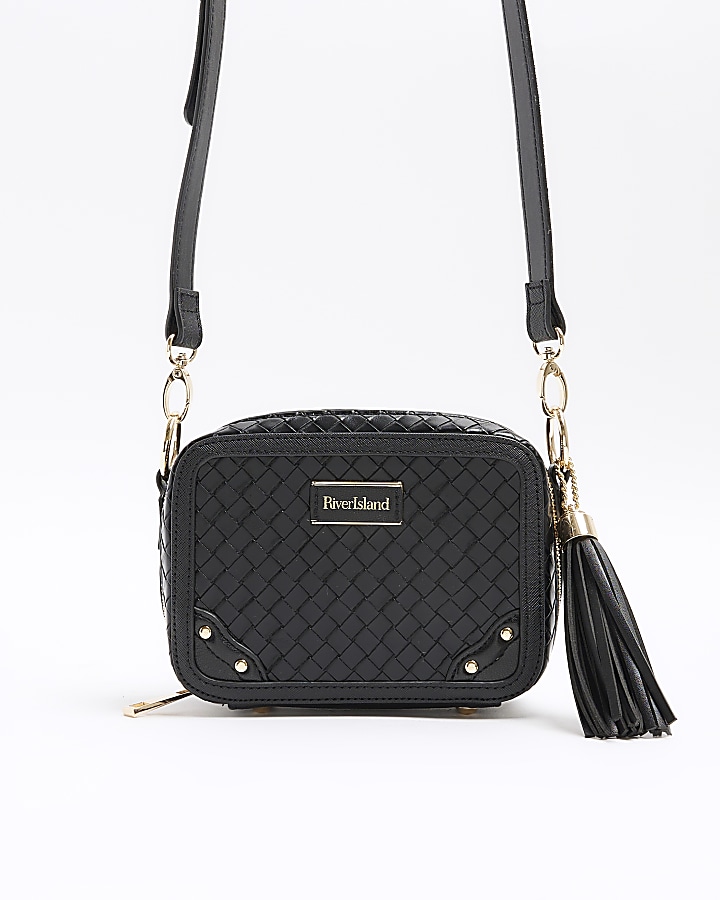 Black weave cross body bag River Island