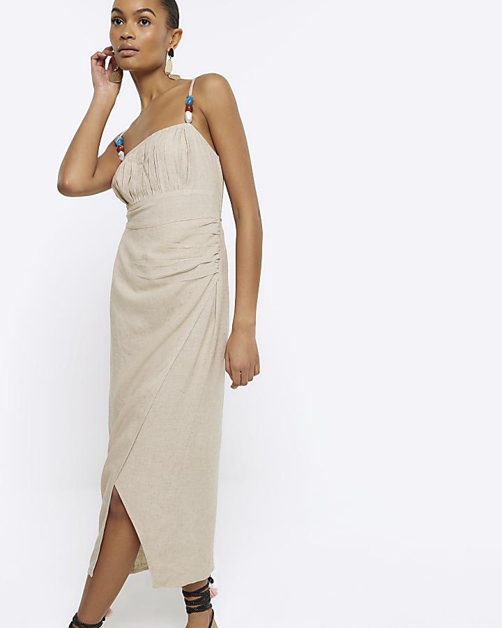 Beige linen blend beaded slip midi dress