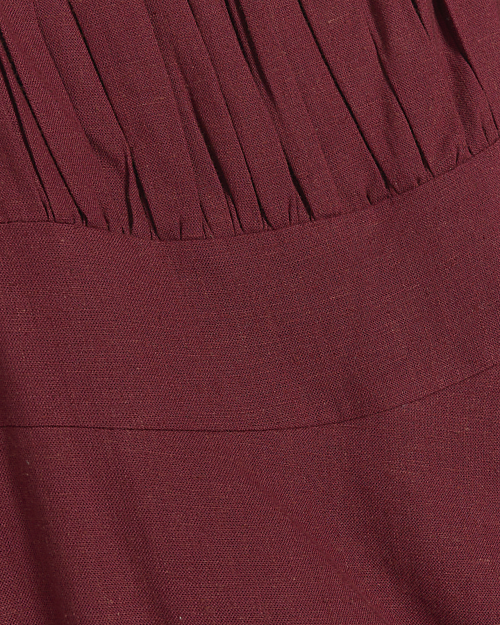 Red linen blend beaded slip midi dress