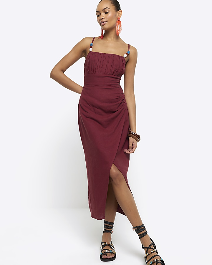 Red linen blend beaded slip midi dress