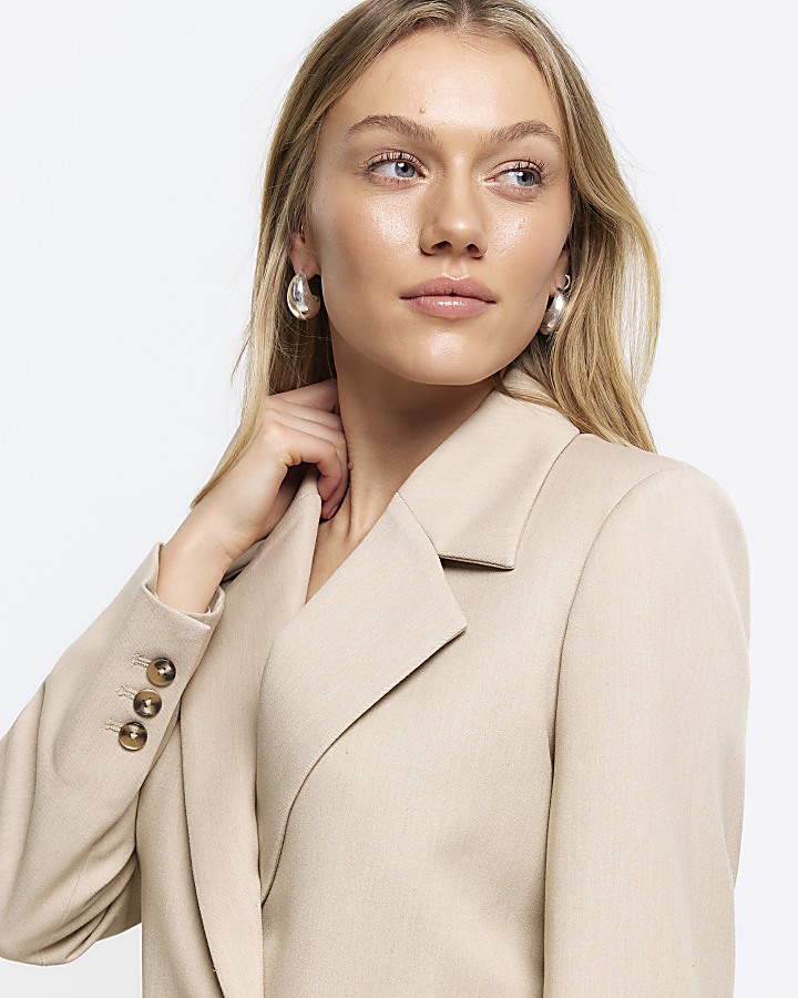 Petite Beige Double Breasted Cropped Blazer