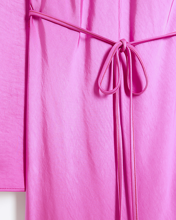 Pink satin belted slip midi dress