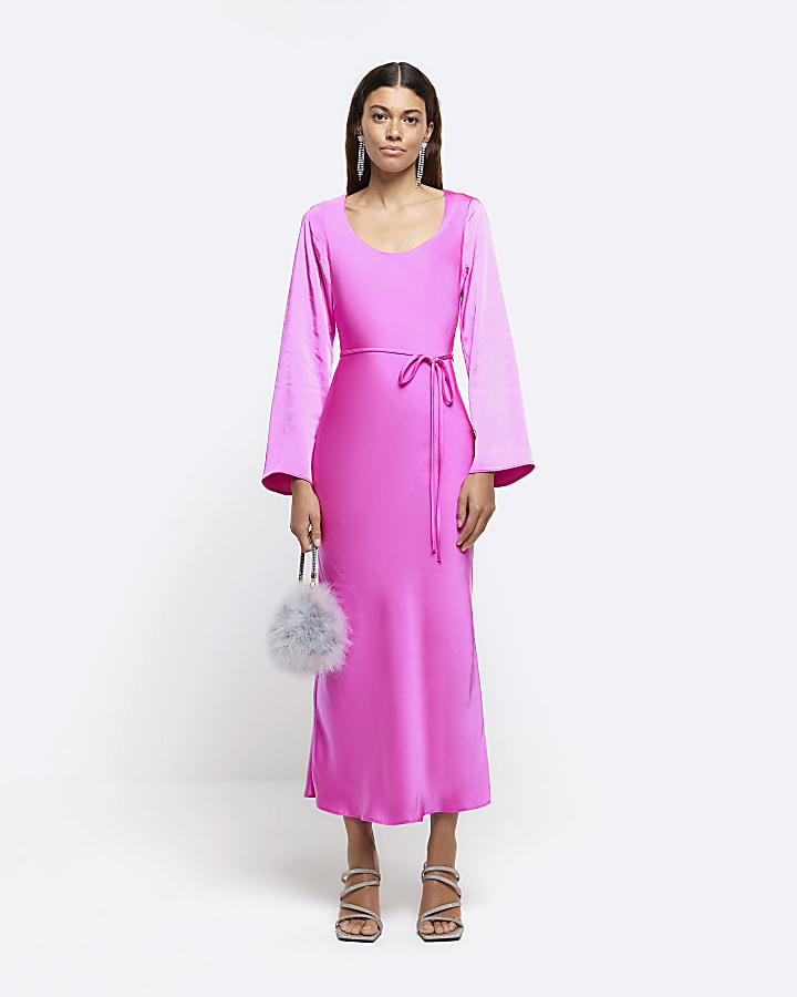 Pink satin belted slip midi dress | River Island