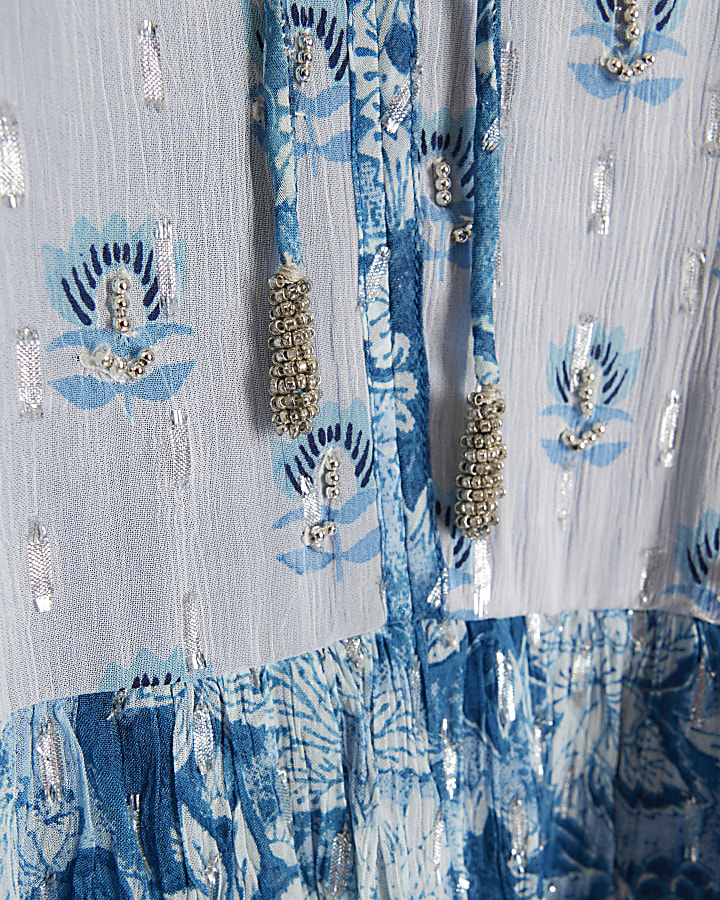 Blue floral glitter detail smock maxi dress