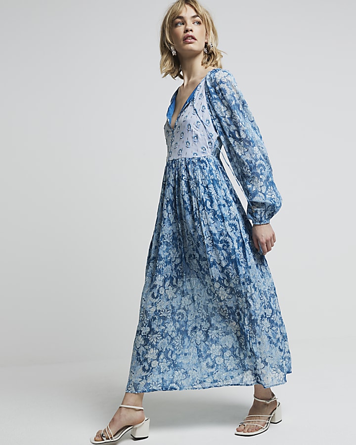 Blue floral glitter detail smock maxi dress