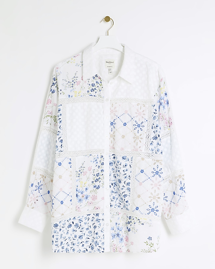 Plus cream floral patchwork lace shirt
