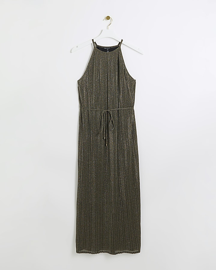 Bronze plisse tie waist slip midi dress River Island