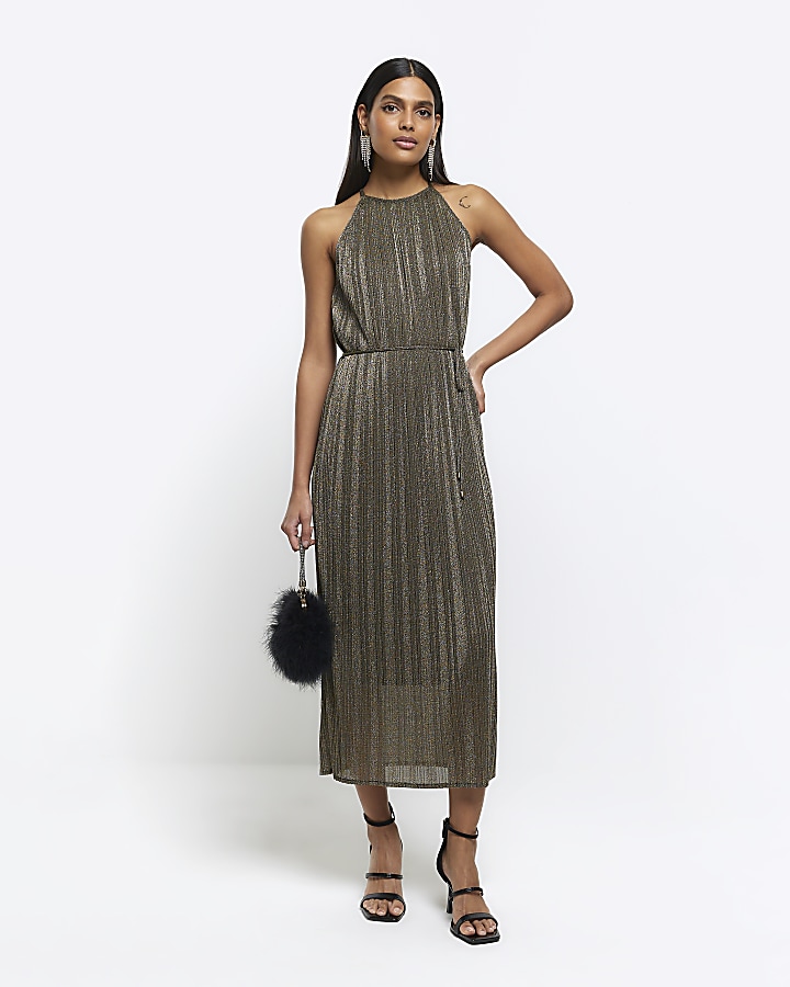 Bronze plisse tie waist slip midi dress