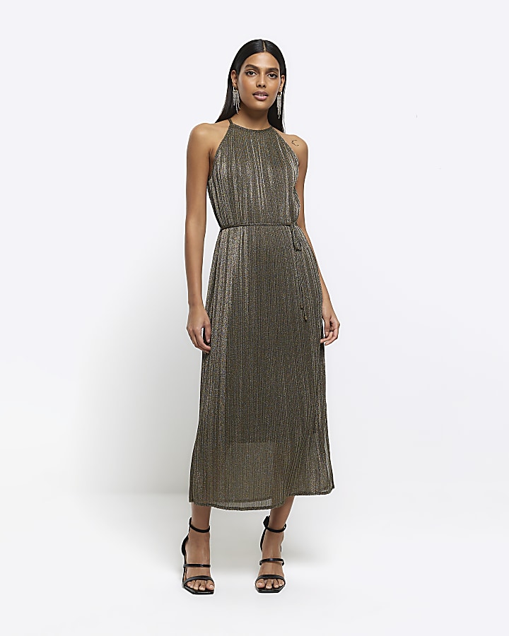 Bronze plisse tie waist slip midi dress River Island