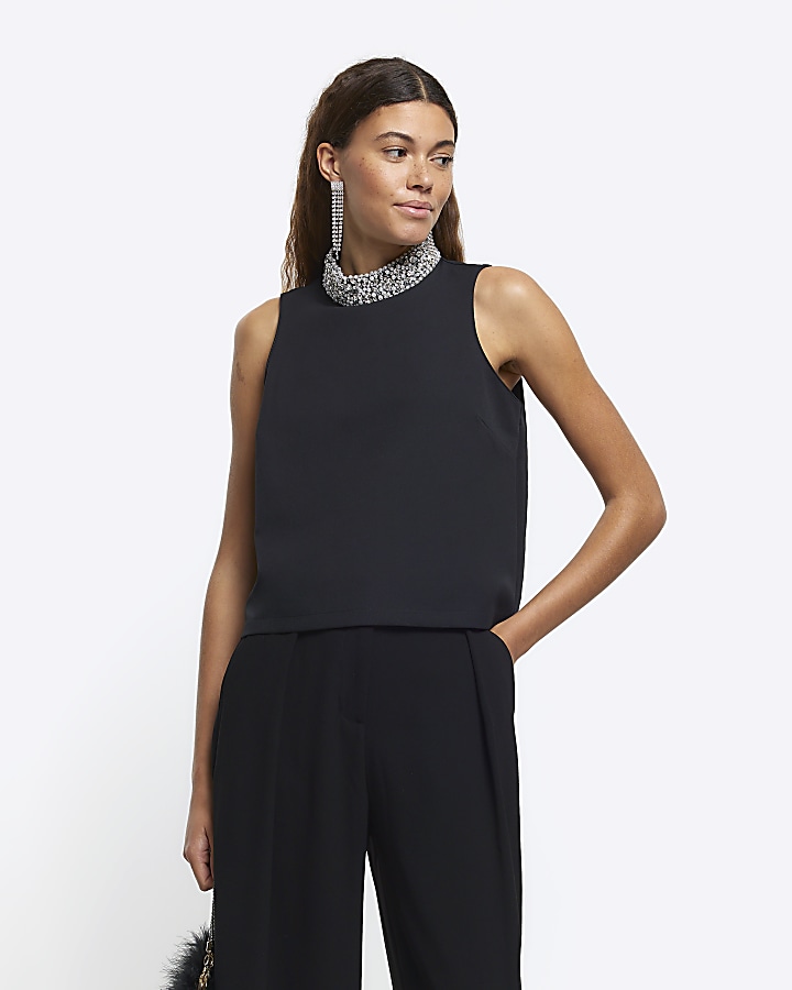 Black diamante neck vest top