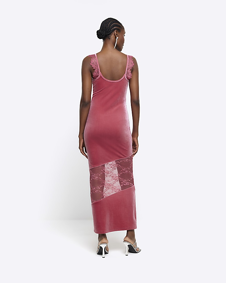 Pink velvet lace slip maxi dress