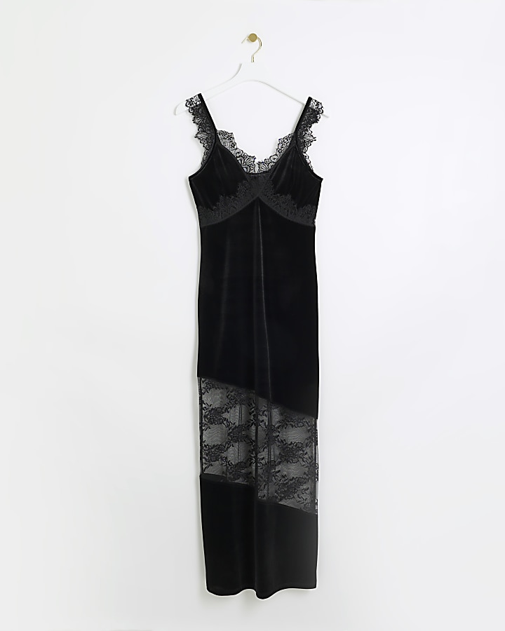 Black velvet lace slip maxi dress
