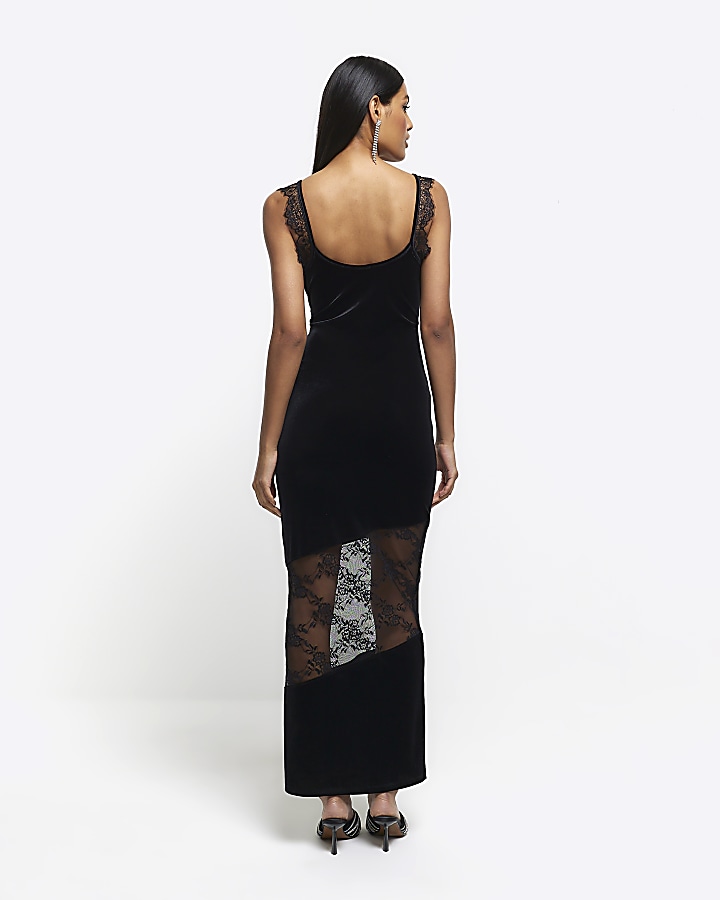 Black velvet lace slip maxi dress