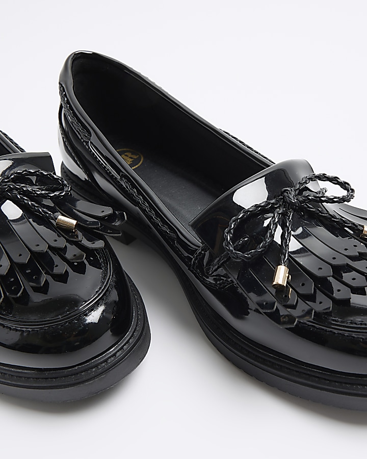 Black bow fringe loafers River Island