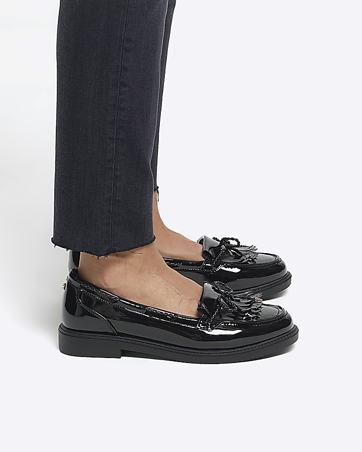 Black bow fringe loafers | River Island