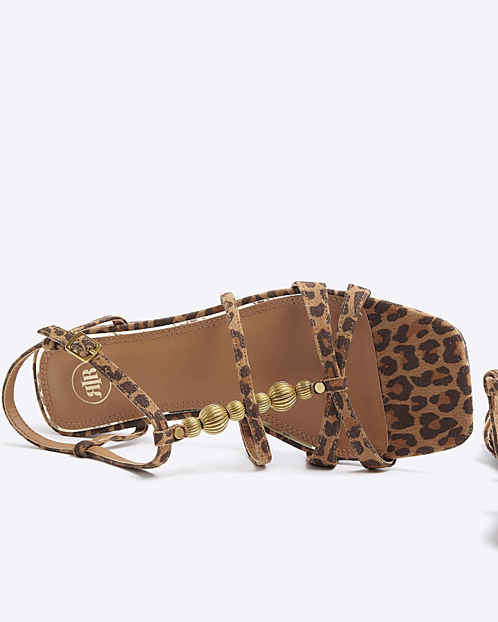 Brown leopard print beaded flat sandals