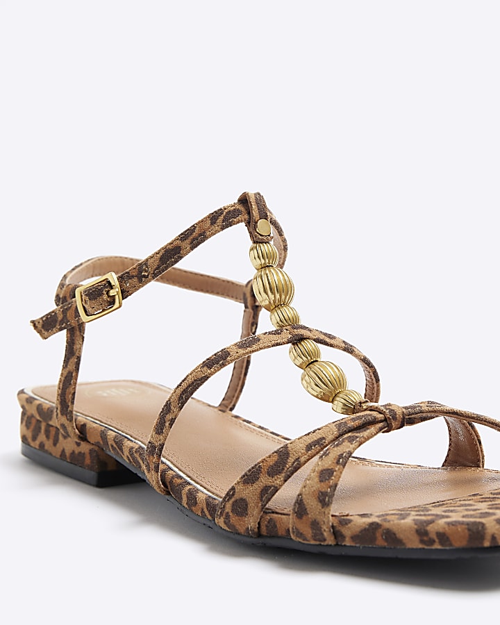 Brown leopard print beaded flat sandals