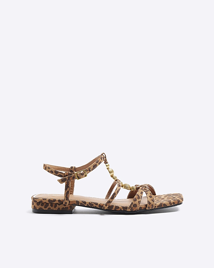 Brown leopard print beaded flat sandals