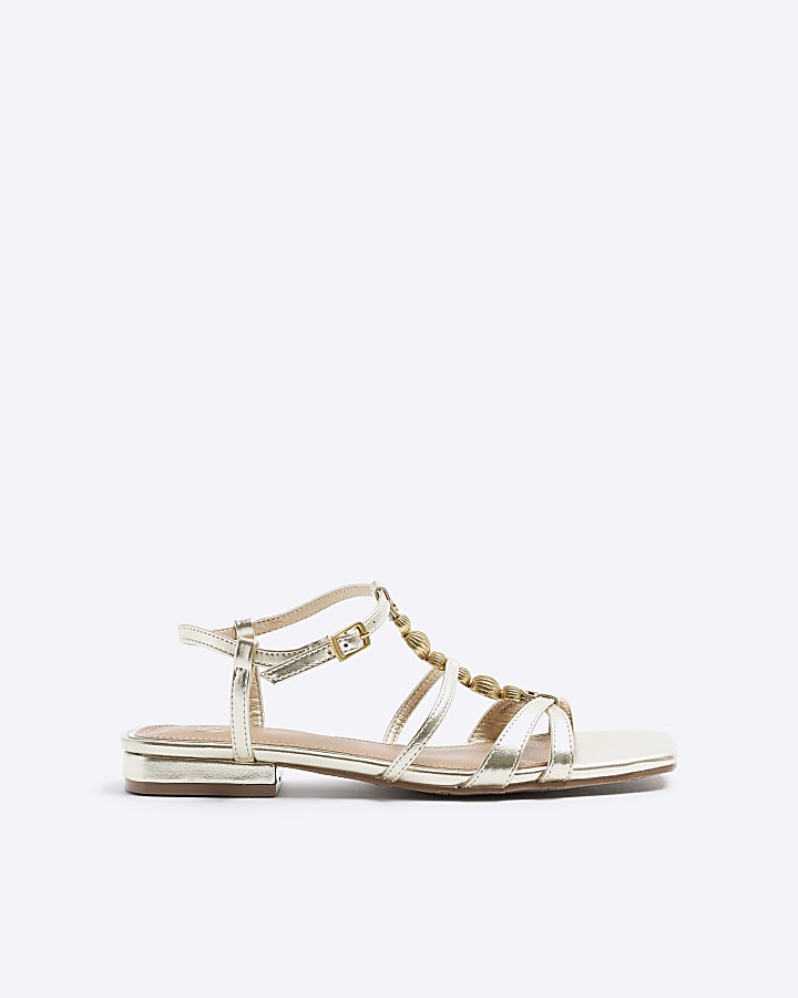 Gold Beaded Flat Sandals River Island