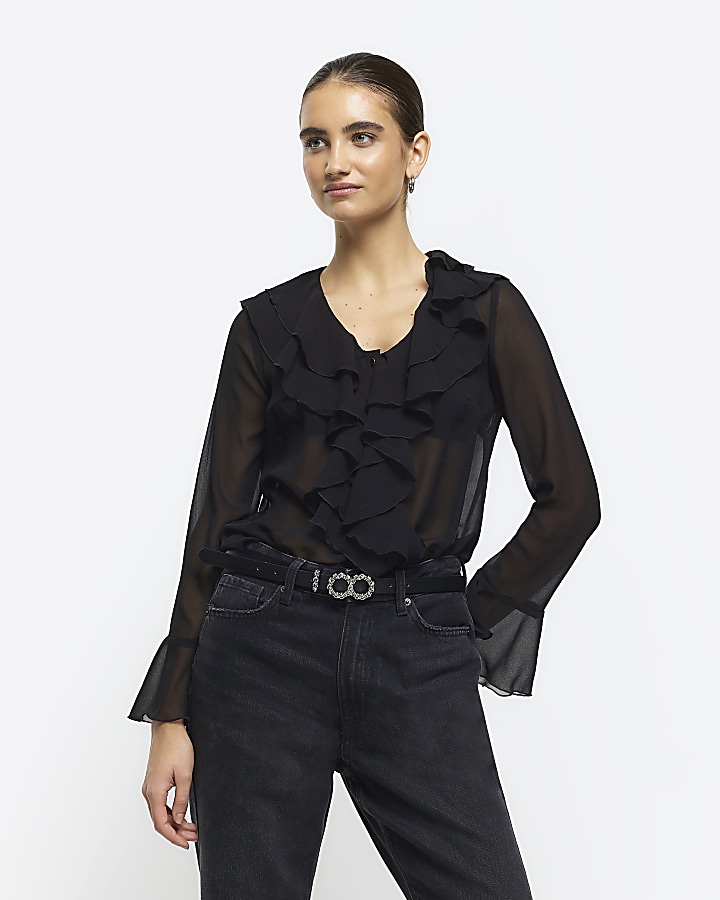 Black chiffon frill blouse | River Island