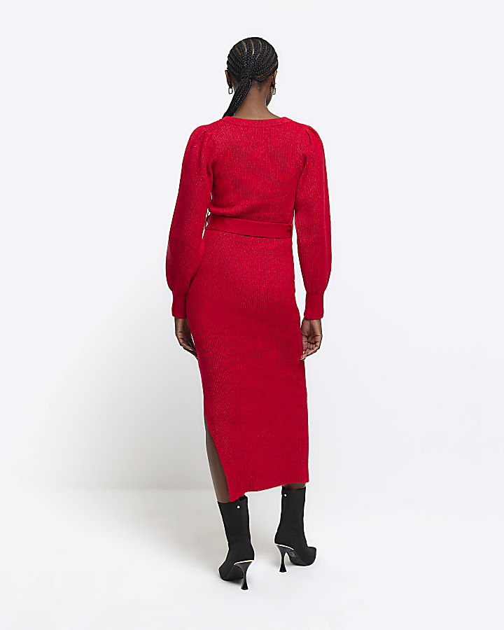Red knitted belted jumper midi dress | River Island