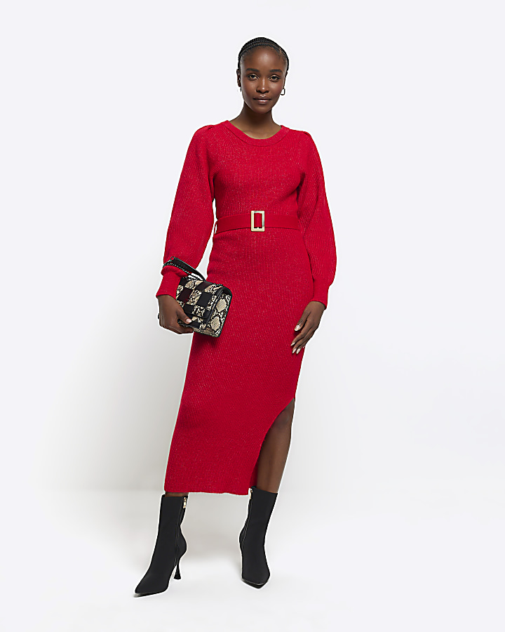 Red knitted belted jumper midi dress | River Island