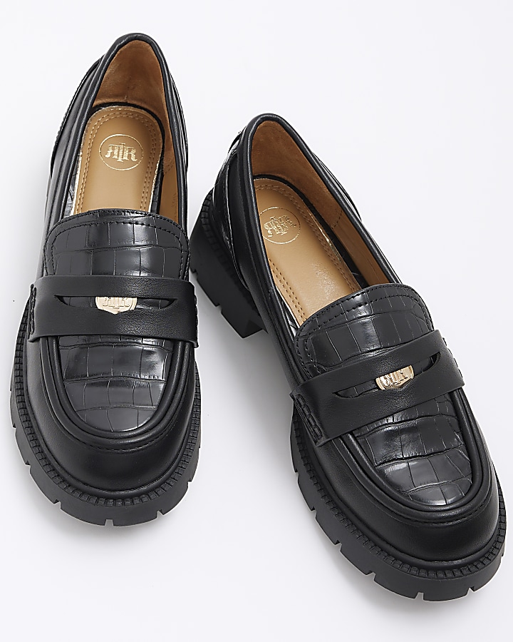 Black croc embossed chunky loafers