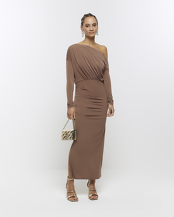 Brown off shoulder bodycon midi dress