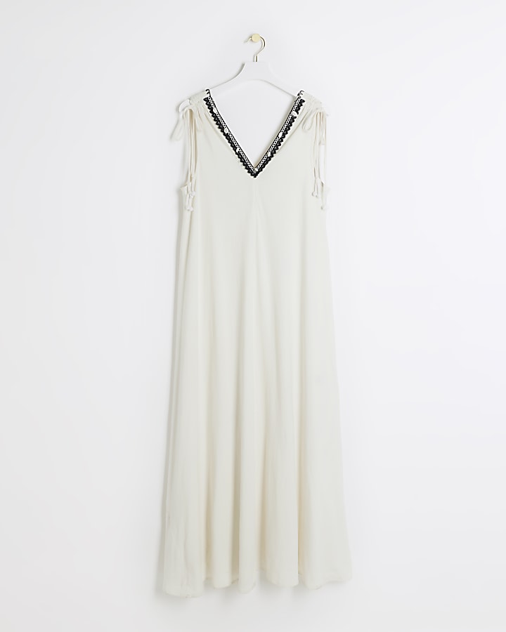 White whipstitch plunge maxi dress
