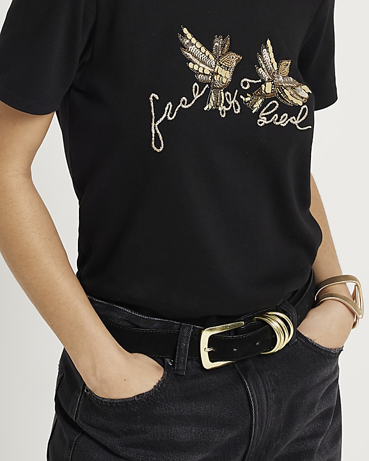 Black sequin embroidered t-shirt