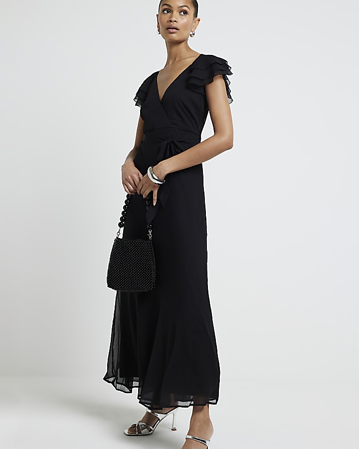 Black chiffon belted swing maxi dress