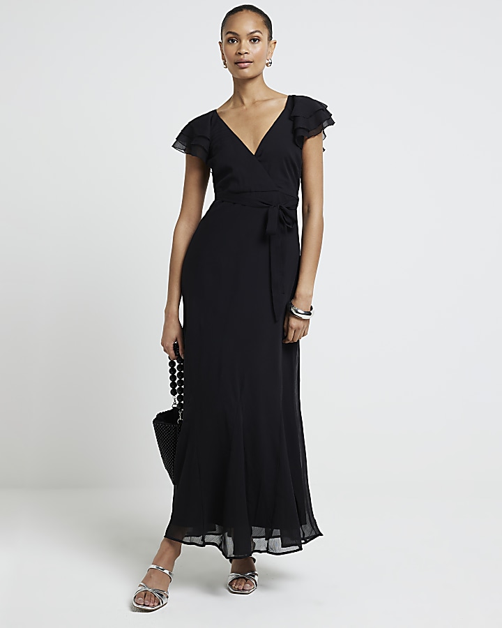 Black chiffon belted swing maxi dress