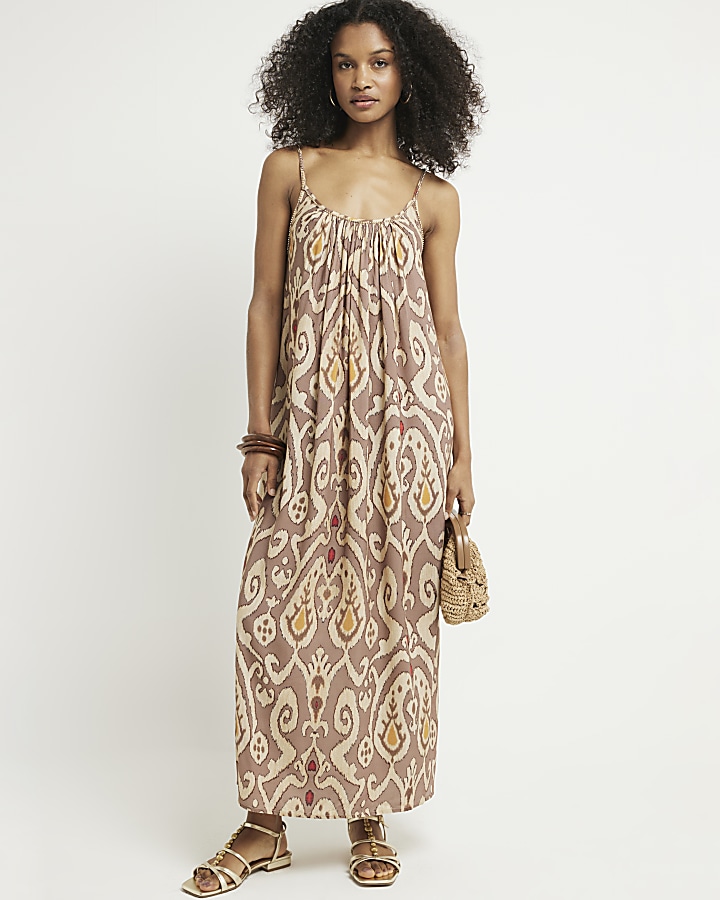 Brown abstract smock maxi dress