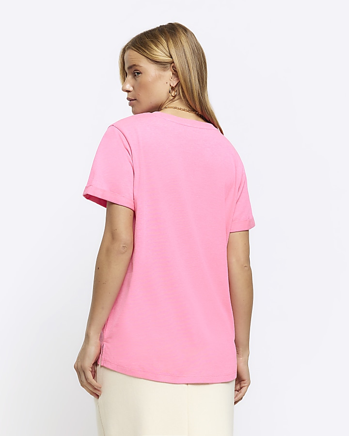 Pink crew neck tshirt River Island