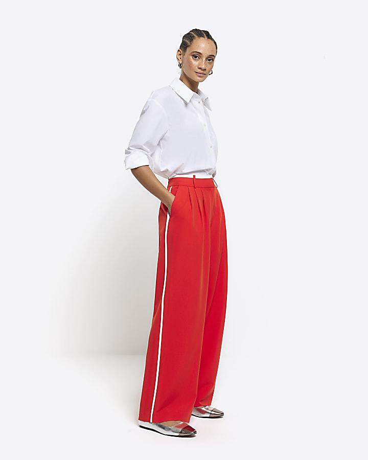 Red side stripe wide leg trousers
