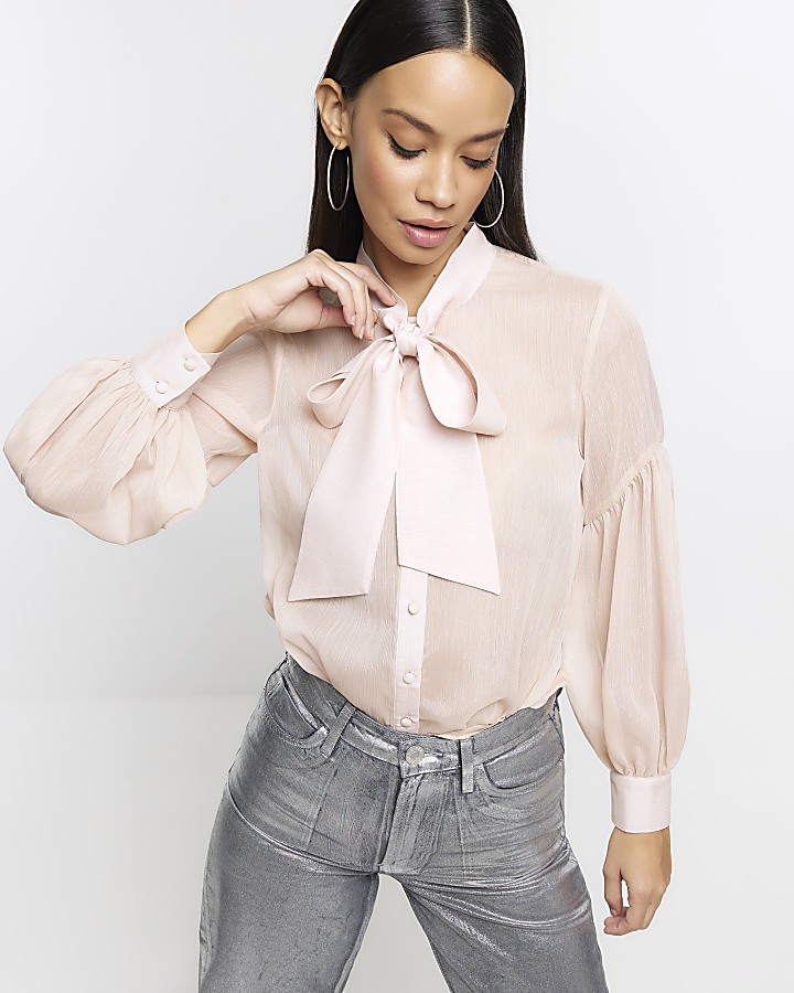 Pink tie neck puff sleeve blouse