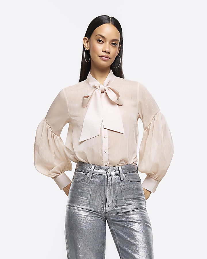 Pink tie neck puff sleeve blouse | River Island