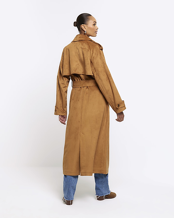 Brown suedette belted trench coat