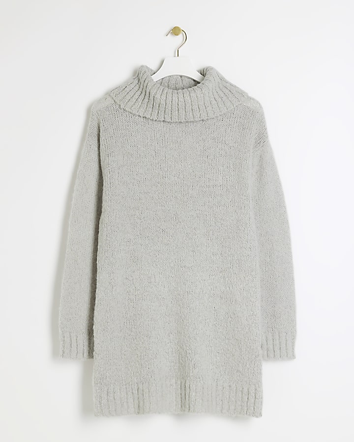 Grey roll neck jumper dress mini | River Island