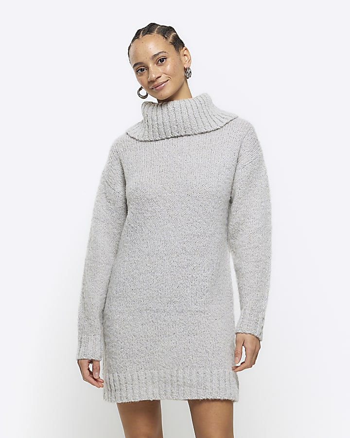 Grey Basic Roll Neck Knit Sweater Dress