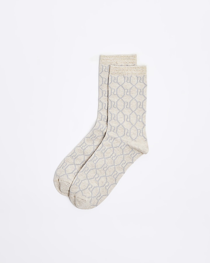 Beige RI monogram ankle socks | River Island