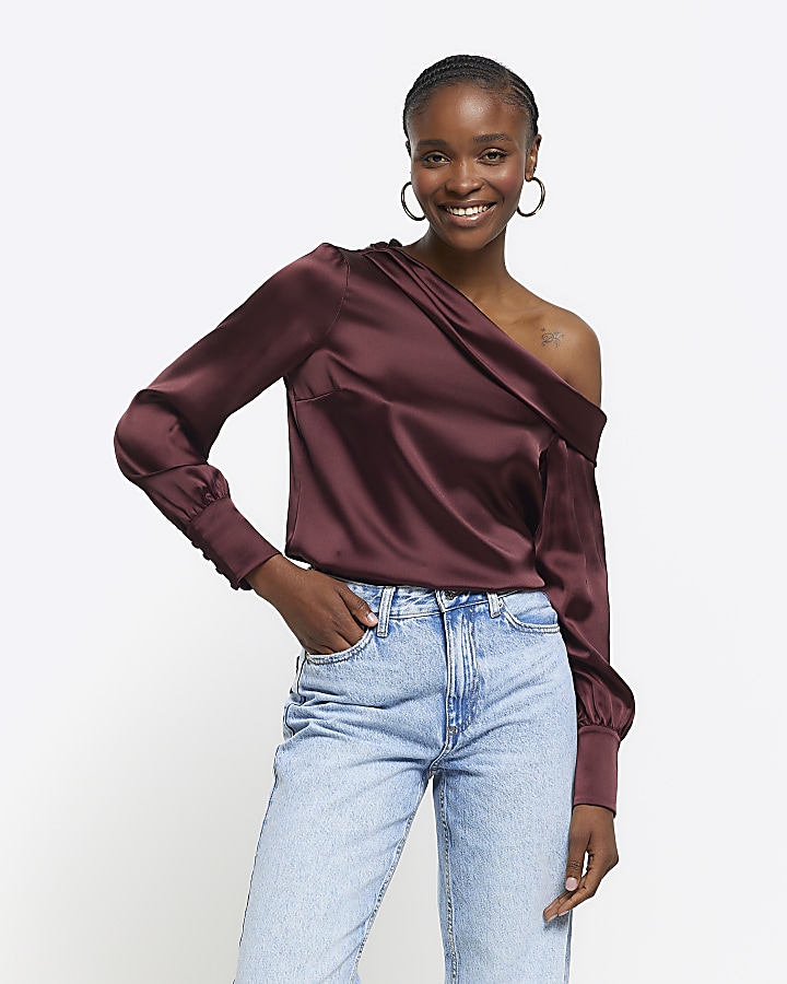 Brown satin off shoulder top | River Island