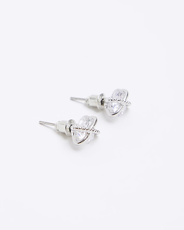 Silver diamante crossed stud earrings