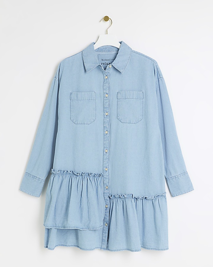 Blue denim asymmetric mini shirt dress