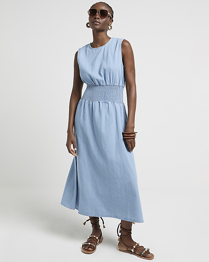 Blue denim shirred waist skater midi dress